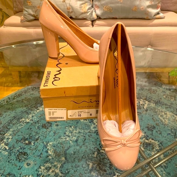 ✨Nina✨ Blush Dynasty Round Toe Chunky Heels W/Bow - Picture 4 of 9